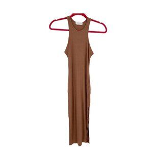 Goodnight Macaroon Dress Womens Small Brown Fitted Ribbed Slit Solid Sleeveless